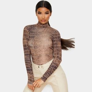 Brown Croc Printed Slinky High Neck Long Sleeve Top